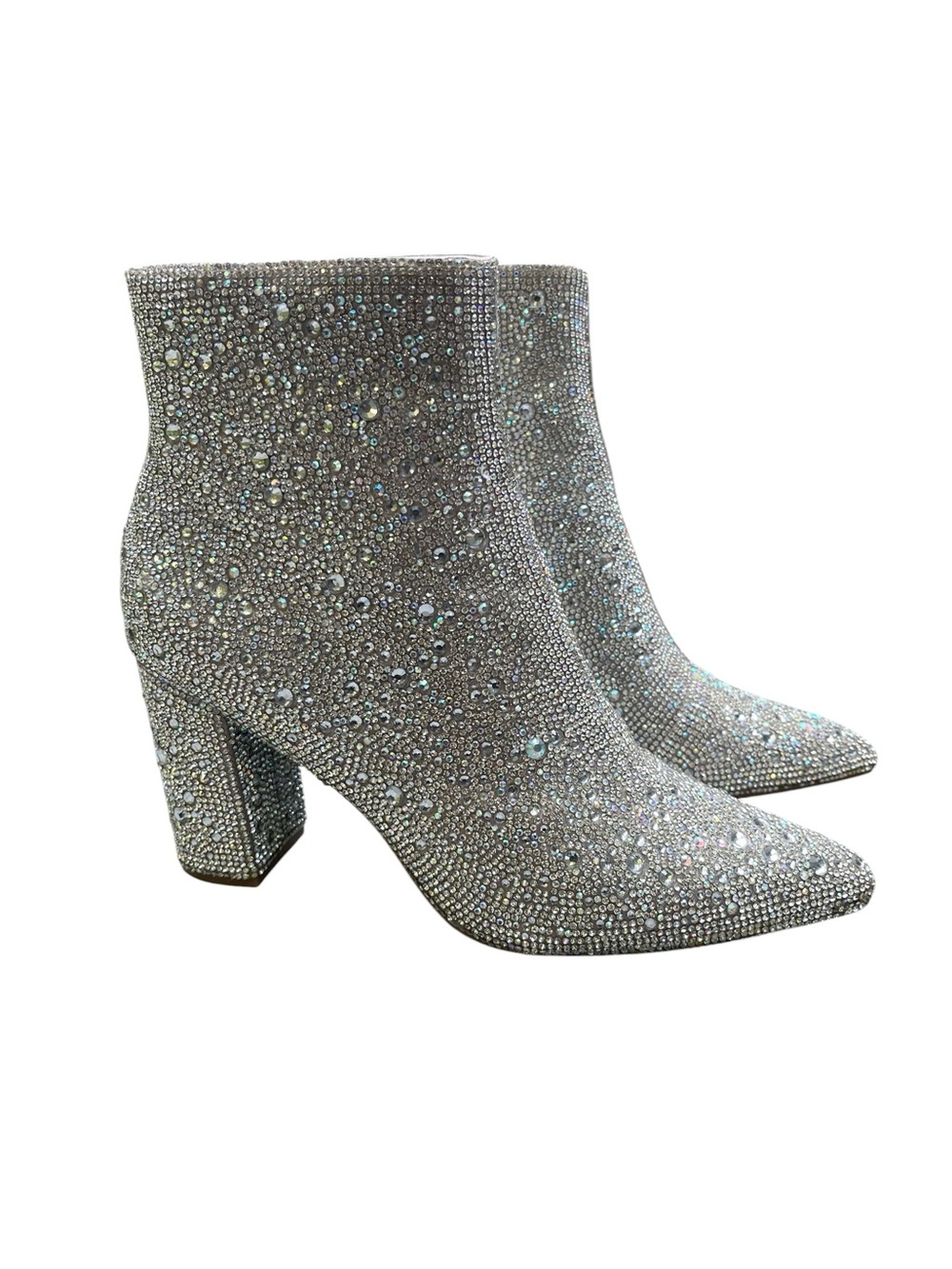 Betsey Johnson Cady Silver Rhinestone Heeled Ankle Boots Size 6.5 Glam Statement